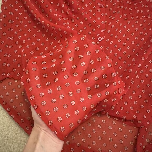 Free People Womens Easy Rider Red Combo Button Down Blouse Sz L Sheer Floral - Picture 5 of 10